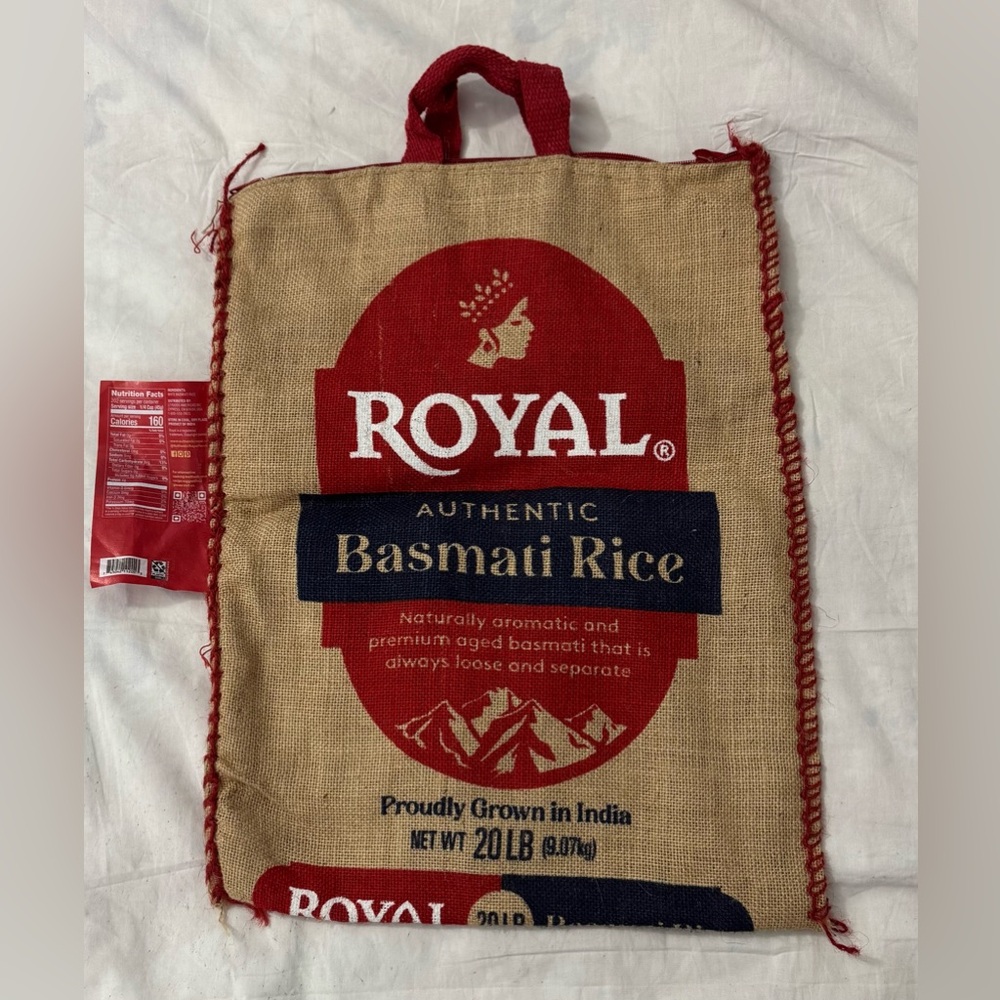 Royal Basmati Rice Bag 20lbs Burlap Handles Zipper Heavy Duty 25th Anniv No Rice